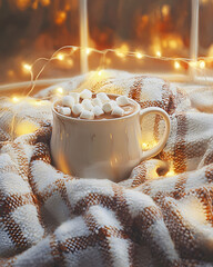 Cozy winter scene: A mug of hot chocolate with marshmallows sits on a warm, soft blanket, illuminated by fairy lights. Perfect for a chilly evening.