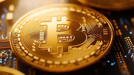 Close-up of an intricate golden coin featuring the bitcoin logo, highlighting its significance in digital currency and online commerce