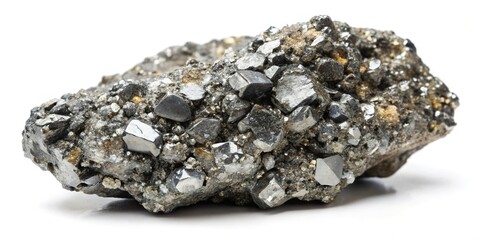 Close-up of an arsenopyrite mineral rock specimen on white background