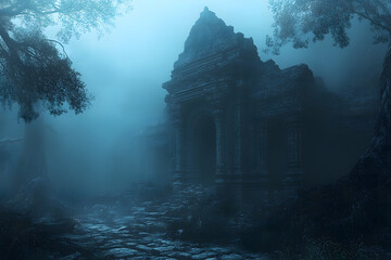 Enigmatic ancient stone ruins shrouded in a mysterious blue fog.  A pathway leads to the aged structure, creating an eerie, atmospheric scene.