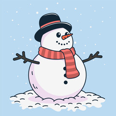 Cute snowman. New Year or Christmas card. Vector background