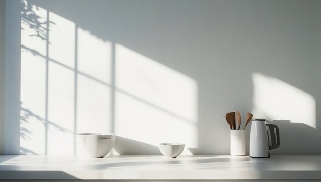 White kitchen interior with empty table, sunlight casting shadows on white wall, perfect for photography compositions.