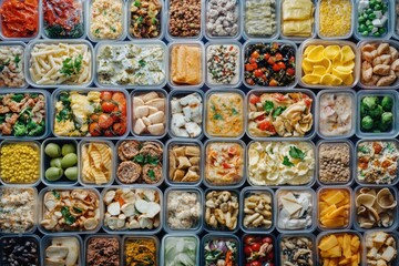 Vibrant Assortment of Deliciously Cooked Food in Colorful Containers Against a Brilliant Backdrop