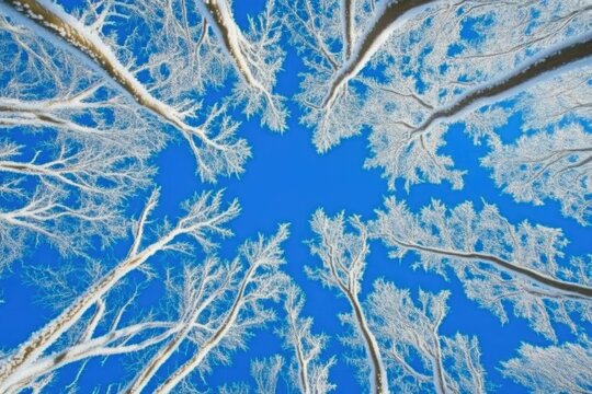 Close-up of frost-laden branches on a cold winter morning