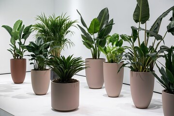 Fototapeta premium Diverse Indoor Plants Displayed in Modern Ceramic Pots on White Background