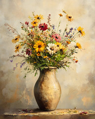 A rustic earthenware vase filled with a vibrant bouquet of wildflowers in warm, autumnal colors.  The painting evokes a sense of rustic charm and natural beauty.