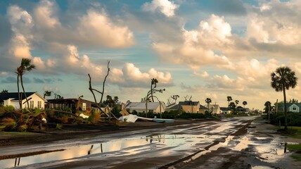 Fototapeta premium Devastated Coastal Community: A Striking Landscape After a Storm with Damaged Homes, Fallen Palm Trees, and Reflections on the Wet Ground Under Dramatic Clouds