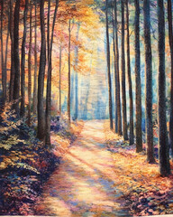 Obraz premium A sunlit path winds through a vibrant autumn forest, the warm colors of the leaves contrasting with the cool blue hues of the shadows. A peaceful and enchanting scene.