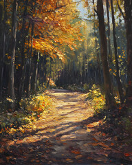 Obraz premium Sunlit path winding through a forest in autumn. Golden leaves and long shadows create a warm, inviting scene.