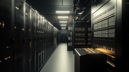 High-tech server room data center with rows of computer racks storing vast amounts of information. Mainframe servers process complex algorithms in a secure, climate-controlled environment.
