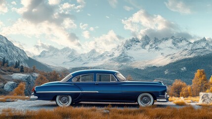 Fototapeta premium Timeless Classic Auto Resting Amidst Majestic Mountains at Dawn - 3D Illustration