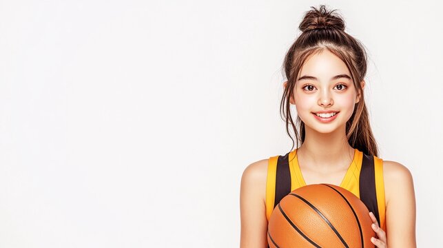 Professional headshot of a young Asian female basketball player, warm smile, modern casual style, clean background,
