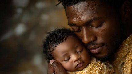 Obraz premium tender moment captured between an african father and his newborn baby at home, with soft lighting accentuating their intimate bond. the scene radiates love, warmth, and the beauty of new parenthood