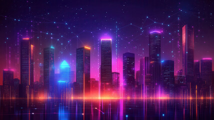 Fototapeta premium Futuristic city skyline with smart buildings, glowing data lines, and autonomous drones under a vibrant neon night sky