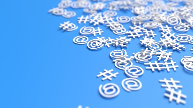 internet signs hashtag and email symbols falling in slow motion 3d representation. Can be used to represent social media marketing content, influencer advertisement or online address