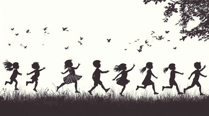 Obraz premium Set of children silhouette playing outdoor in park. Silhouette. Illustration