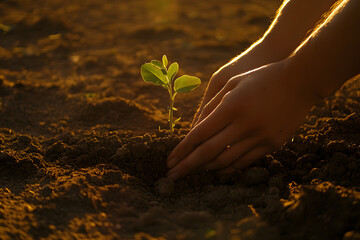 Fototapeta premium A person's hands gently planting a young seedling in rich soil, bathed in the warm glow of sunset. A symbol of new beginnings and growth.