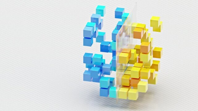 Data Analysis, Big data concept. Cubes in blue and yellow rotating on checkered background. Slicing and dicing data concept: frosted glass between yellow and blue cubes. Cubes flying in and out
