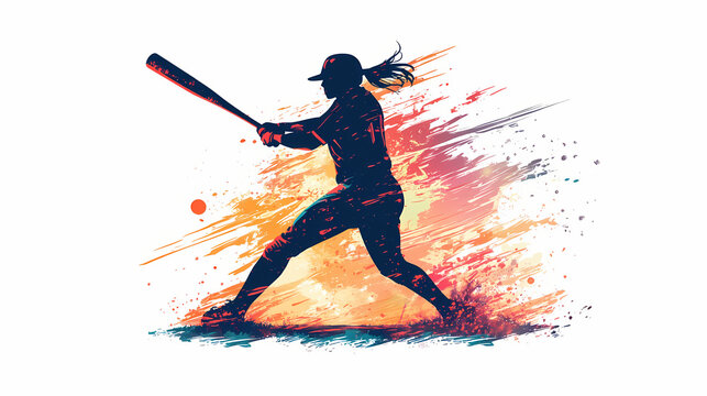 Swinging softball baseball player icon silhouette isolated on white. Silhouette. Illustration