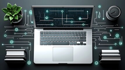 Obraz premium Laptop with digital circuits and a plant on a black desk.