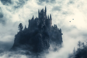 A majestic castle perched atop a misty mountain peak, shrouded in an ethereal fog. Two birds fly overhead, adding to the mystical atmosphere.