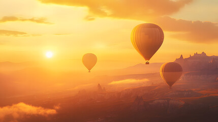 Fototapeta premium Three hot air balloons drift serenely across a breathtaking sunrise landscape, casting a warm golden glow over the scene.