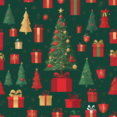 Christmas tree and presents, background in red, green, and gold, traditional festive design