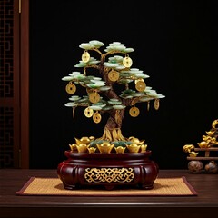 handmade jade tree of happiness with golden coins, standing on a wooden base adorned with red and...