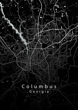 Minimalist black map of Columbus, Georgia &ndash; A modern map print highlighting infrastructure of the city, useful for tourism purposes
