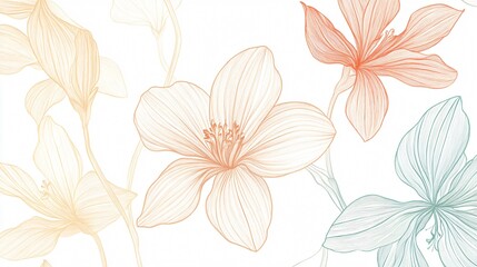 Elegant Line Art Floral Design Pastel Peach, Coral, and Mint Flowers on White Background