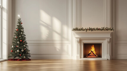 copy space, stockphoto, classical interior of living room with fireplace decorated Christmas tree. winter christmas setting. Luxury Christmas interior in a castle.. Merry christmas.