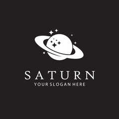 white design of planet saturn with stars isolated on black background © Alexkava
