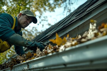 A man cleaning dry leaves on roof.