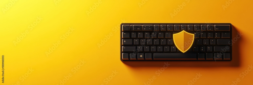 Aufkleber A black keyboard features a prominent shield icon, emphasizing the importance of cybersecurity on a bright yellow backdrop. Generative AI