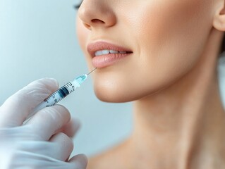 Fototapeta premium A close-up view of a woman preparing for a cosmetic lip injection, highlighting beauty treatments and self-care.