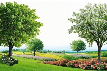 Fototapeta premium Vibrant Trees and Lush Plants in Scenic Fields on Soft White Background