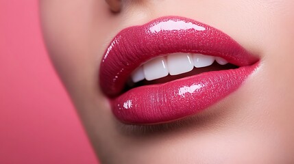 Obraz premium Close up pink lips of woman on pink background.