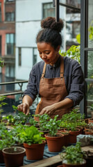 Urban gardening: woman arranging potted plants on terrace for eco-friendly living