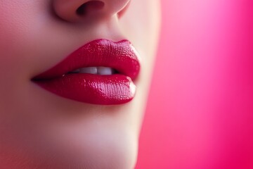 Naklejka premium Close up pink lips of woman on pink background.