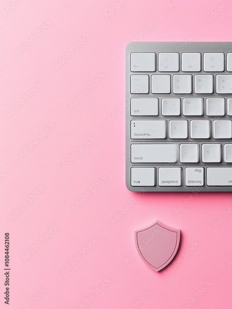 Aufkleber the sleek white keyboard rests on a pastel pink surface, accompanied by a pink shield icon that high