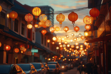 A vibrant street scene illuminated by colorful lanterns at dusk, creating a festive atmosphere with...