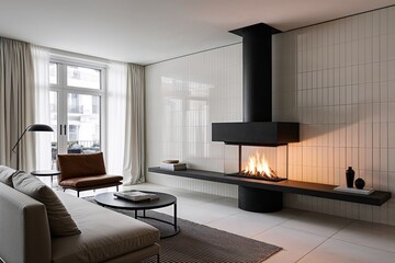 Sleek Minimalist Lounge with Cozy Fireplace Loveseat and Stylish Ceramic Tiles