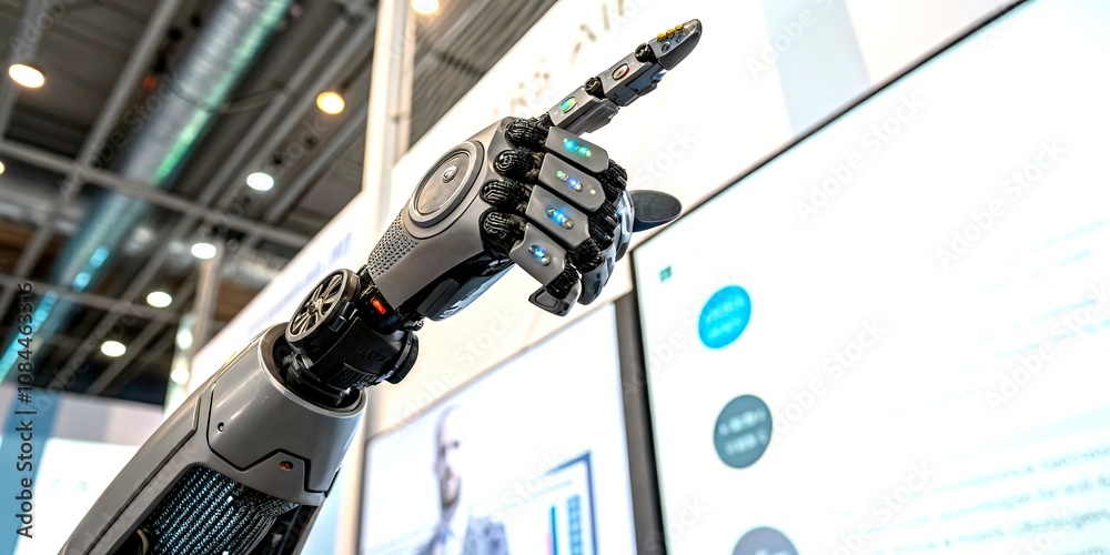 Poster futuristic robot hand pointing right with empty space for text and design elements in a modern techn