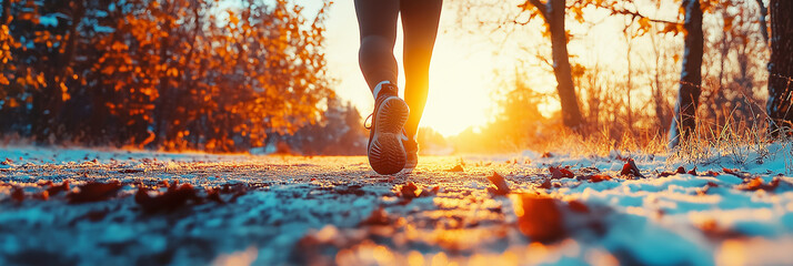 A person jogging on a frosty path during sunrise, surrounded by autumn trees, creating a serene and invigorating atmosphere.
