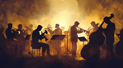 An art deco illustration portrays the silhouette of a big band orchestra performing with their instruments in a smoky room. Silhouette. Illustration