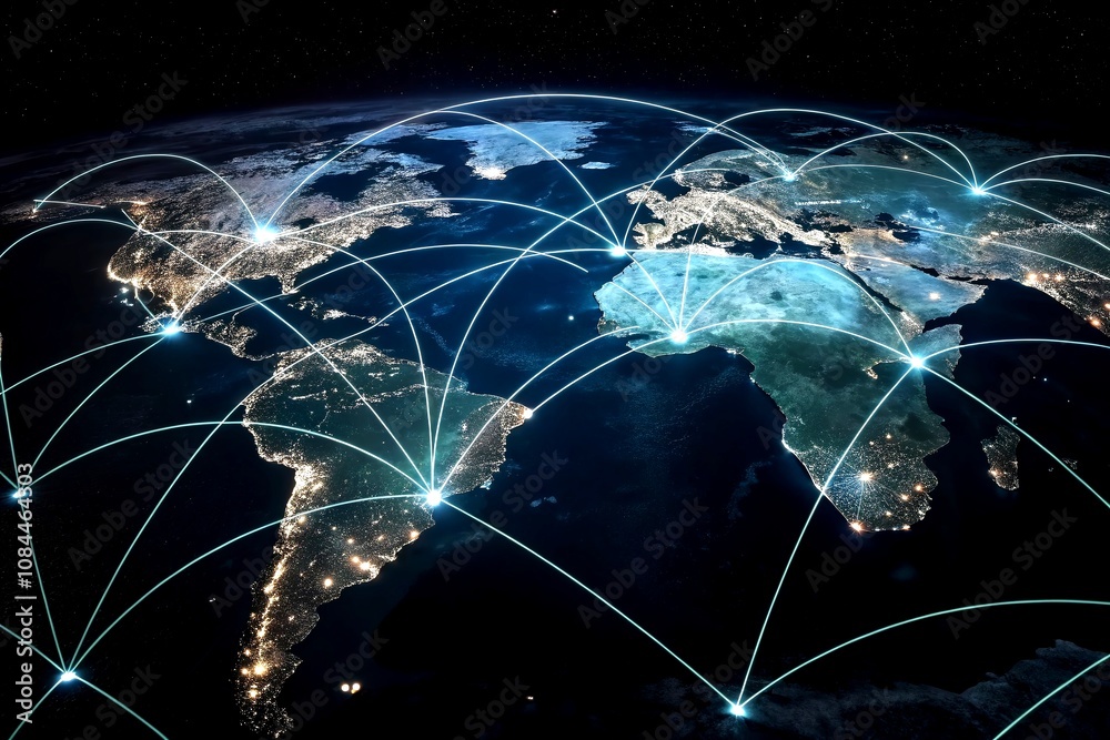 Poster global network design pattern for print and web with low light effects, highlighting connections and