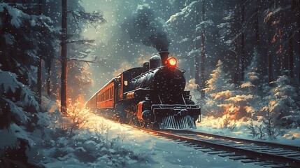 A red steam train travels through a snowy forest.