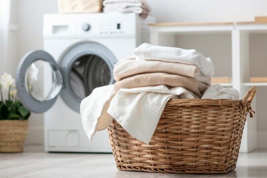 Laundry Day Serenity: A close-up perspective of a woven laundry basket filled with folded and fresh laundry in a bright and cozy laundry room. A washing machine adds functionality to the scene.
