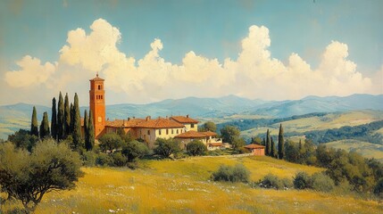 Obraz premium vintage postcard style illustration of a sunlit italian landscape, capturing the essence of 1970s charm with picturesque rolling hills and classic architecture
