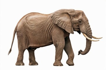 Fototapeta premium Majestic Elephant: A formidable adult elephant with impressive tusks and wrinkled skin strides confidently, a symbol of strength and wisdom, against a stark background. 